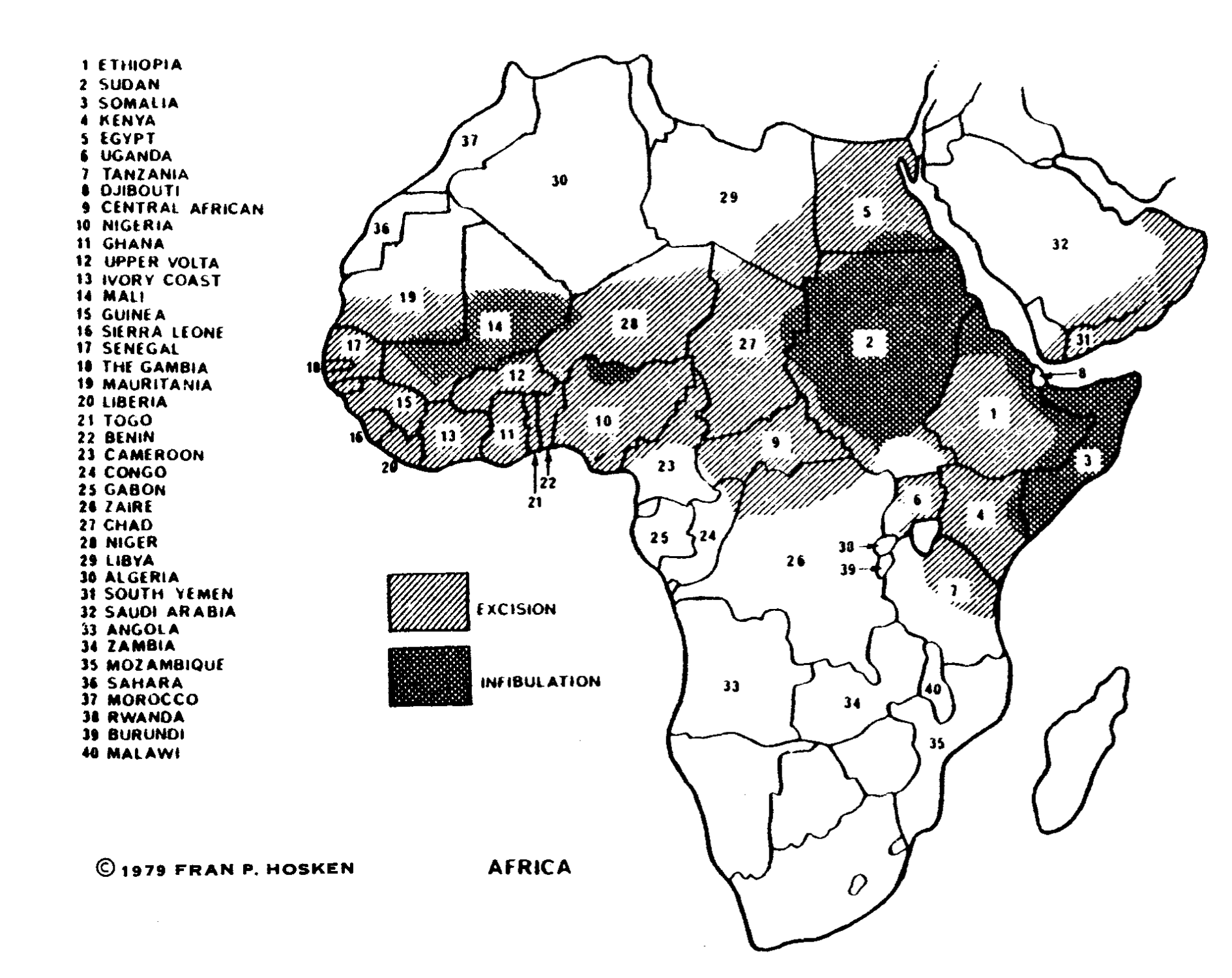 Map of African continent labeling countries that practice Excision and/or Infibulation