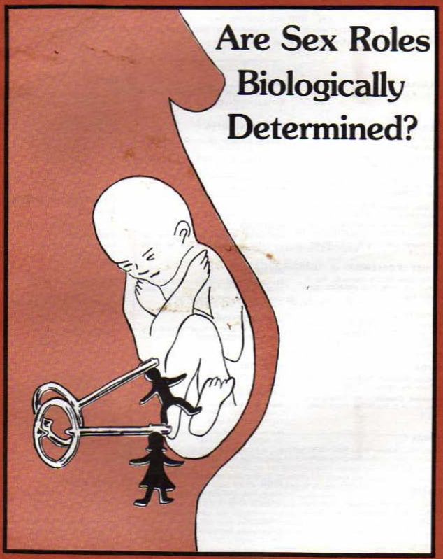 Magazine cover that says "Are Sex Roles Biologically Determined" with a fetus in the outline of a pregnant belly and keys holding cut-outs of a boy and girl figure outlines