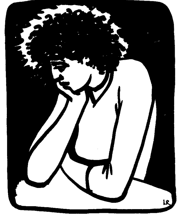 Art by Lynn Roberson; Black and white block-cut style person with curly hair leaning on their arm in a window