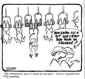 Illustration of man dangling by feet in cartoon slaughter house. Two people walking past, word bubble of one person says “Son Chiro Lui A Dit Que C’était Bon Pour Sa Colonne!"