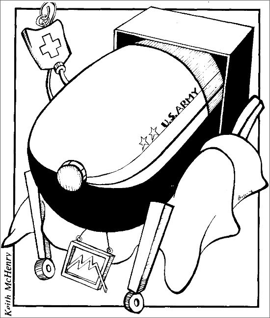 A bomb in a medical stretcher hooked up to an IV drip