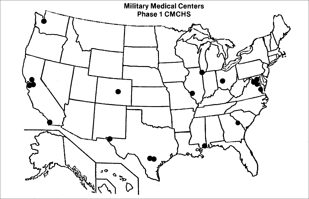 A map of the United States overlaid with dots indicating the location of military medical centers in the first phase of CMCHS