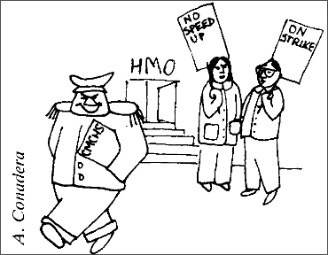 A military officer holding papers that read CMCHS walking smugly past hospital workers on strike outside a door that reads HMO